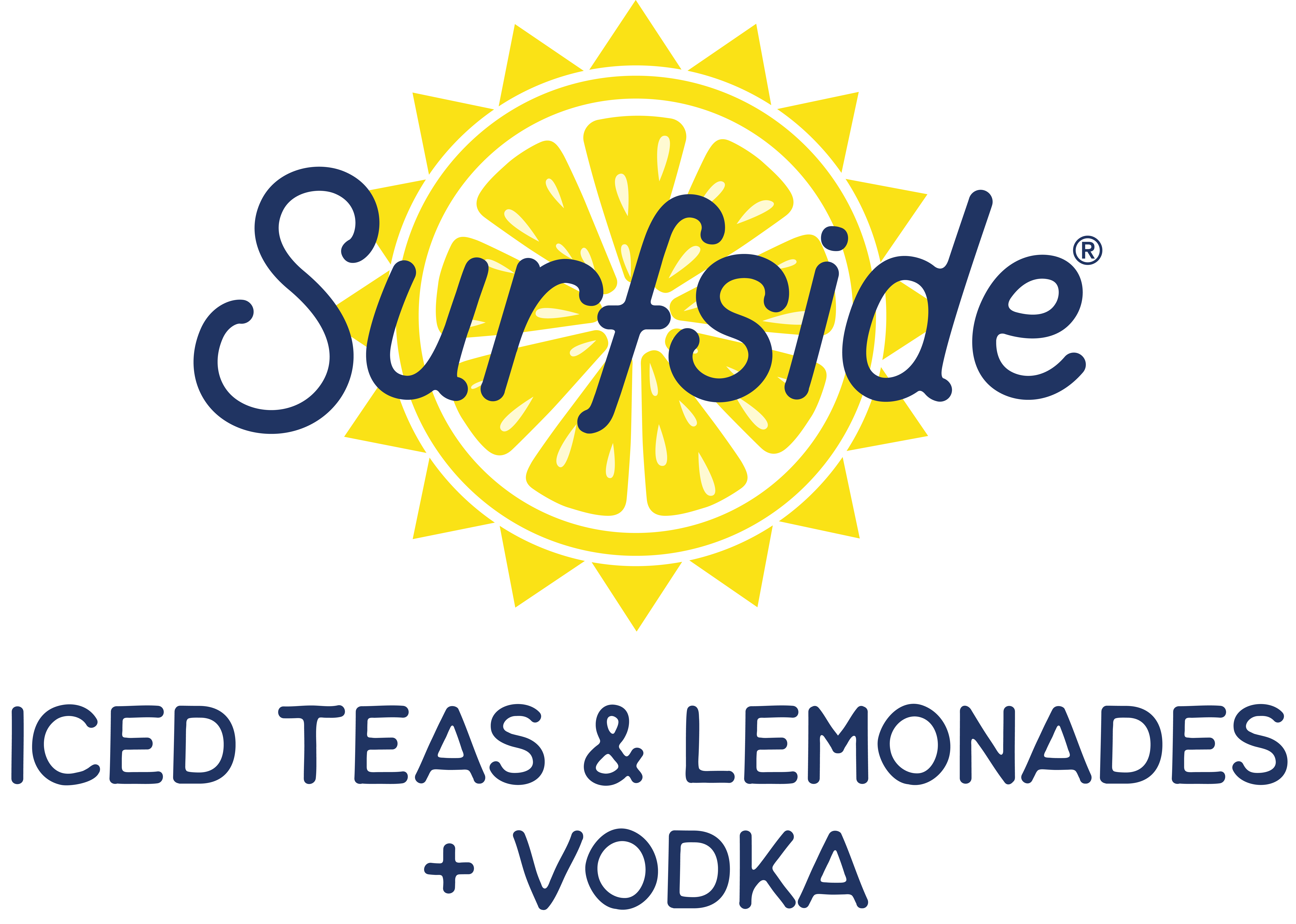 Surfside logo with a yellow lemon-sunburst behind navy script reading ‘Surfside’ and text 'Iced Teas & Lemonades' plus vodka underneath.