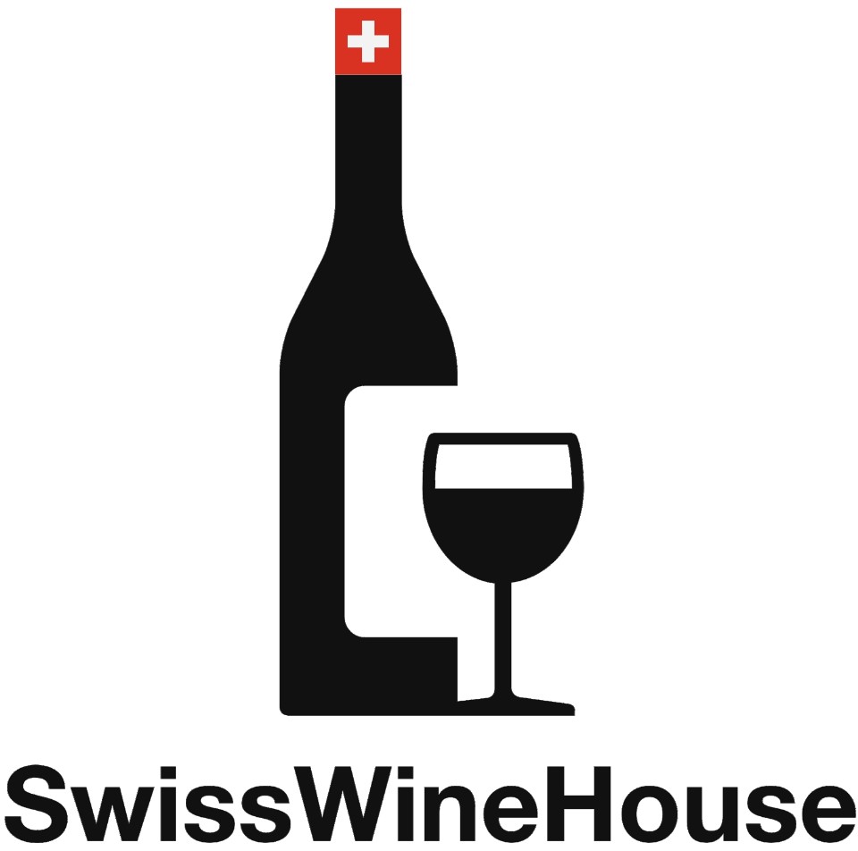 Logo showing a wine bottle and glass with a red Swiss flag cap, and the text 'SwissWineHouse' below.