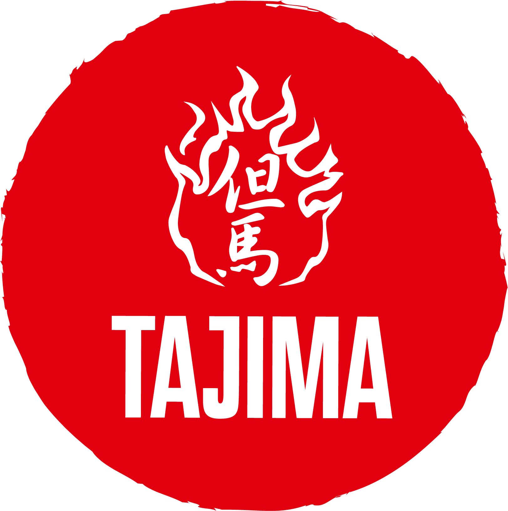 Red circular logo with a white flame-like emblem in the center and the bold word TAJIMA beneath it.