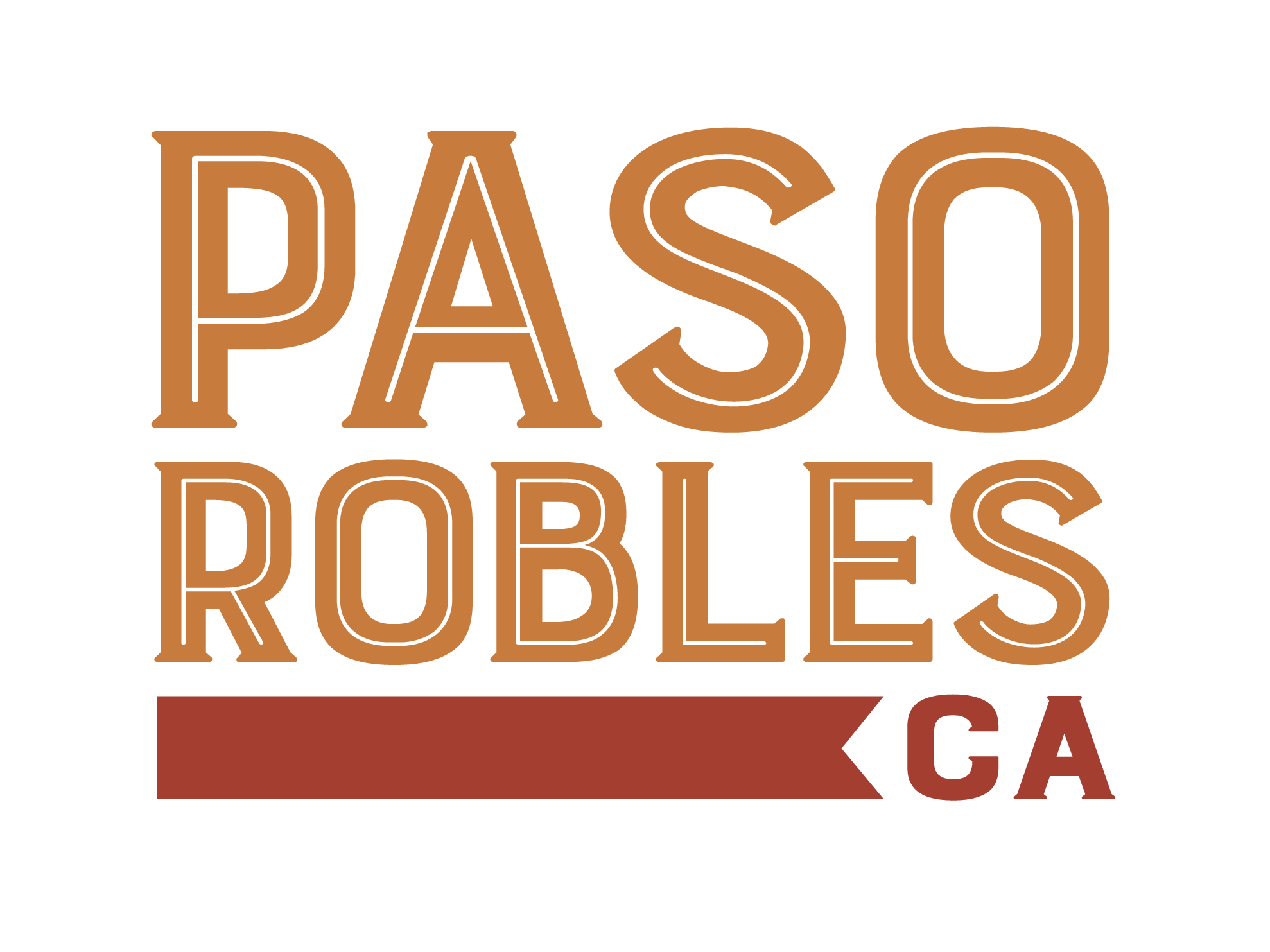 Large orange serif text reading 'PASO ROBLES' across a white background, with a dark red ribbon element beneath.
