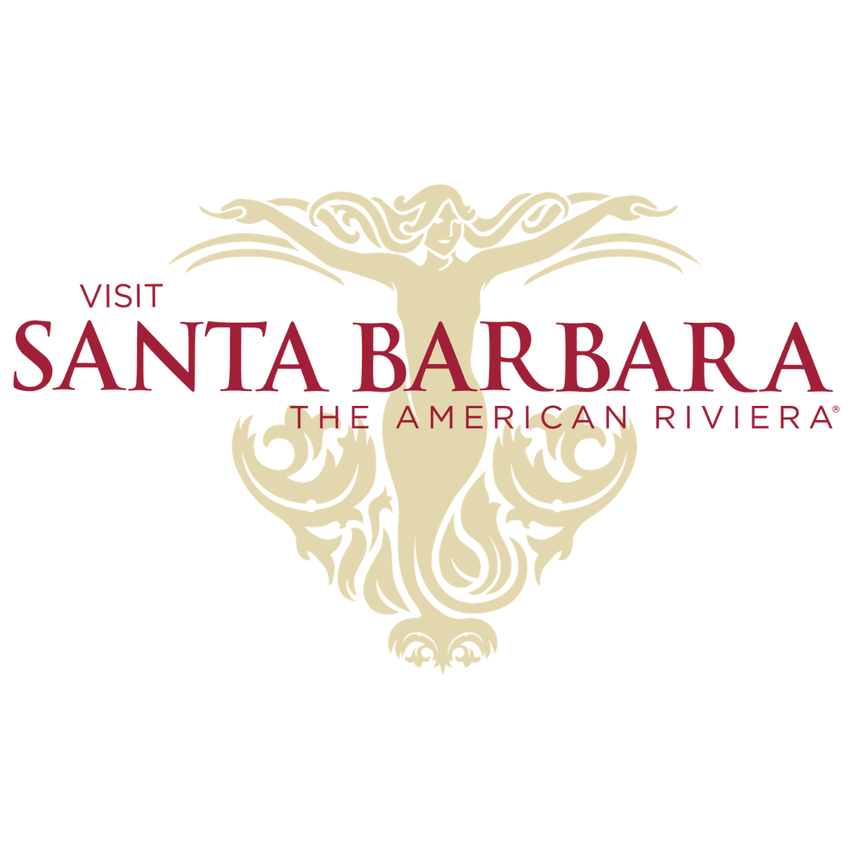 Visit Santa Barbara logo with a beige ornamental emblem and bold red 'SANTA BARBARA' text, 'THE AMERICAN RIVIERA' subtitle.
