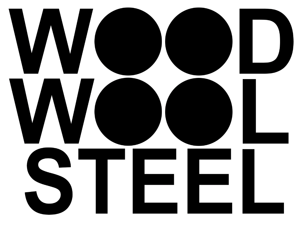 Bold black text stacking the words WOOD, WOOL, STEEL on a white background.