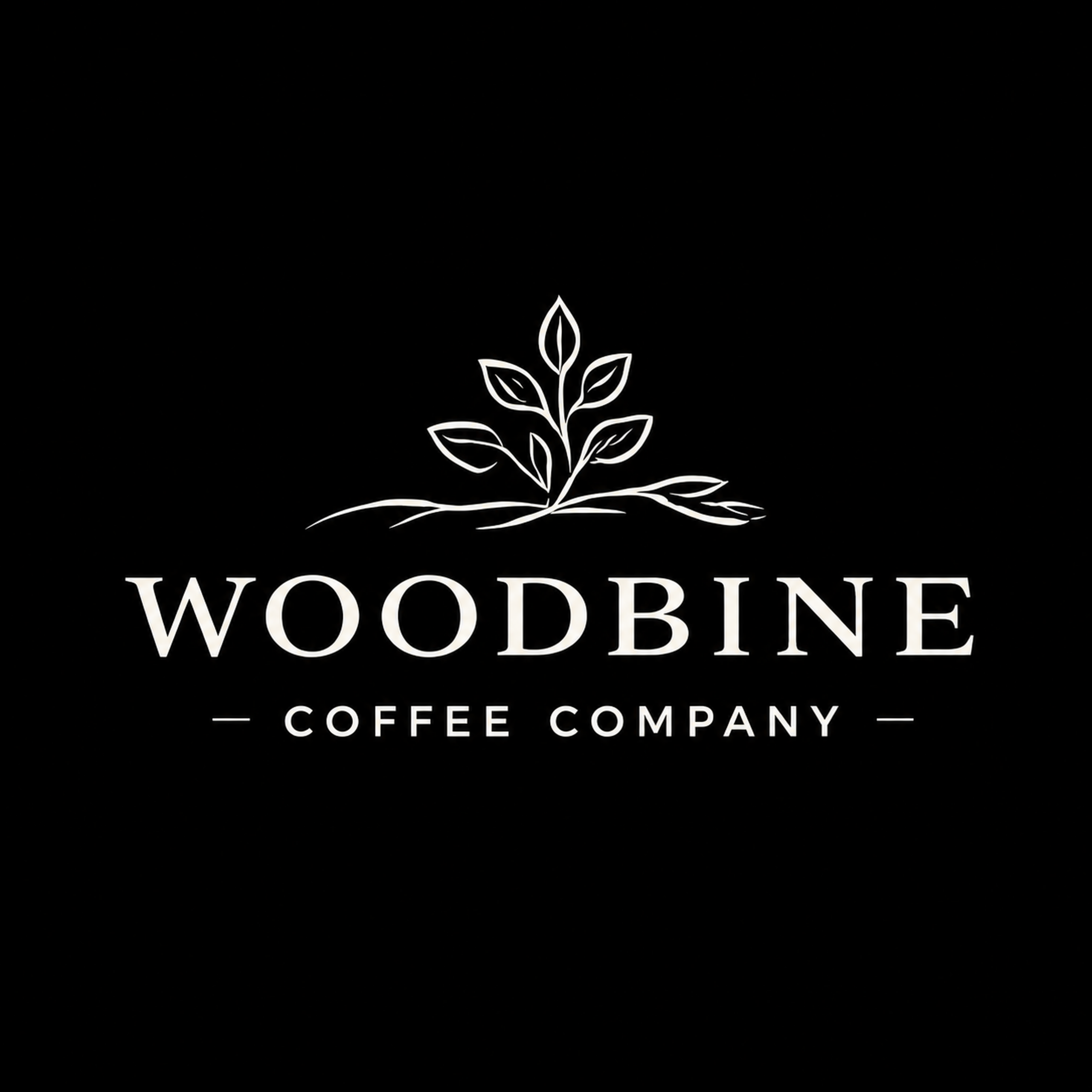Brand logo: white stylized plant on a black background with 'WOODBINE COFFEE COMPANY' text beneath.